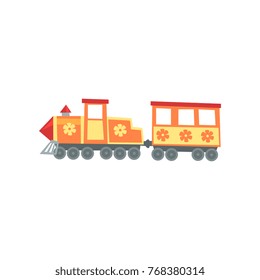 Mini train locomotive from funfair carnival. Amusement park icon. Cartoon entertainment element. Children attraction. Flat vector design for advertising poster or flyer.