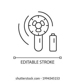 Mini travel fan linear icon. Portable amenities for comfort during summer vacation. Thin line customizable illustration. Contour symbol. Vector isolated outline drawing. Editable stroke