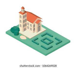 mini tree and castle building isometric