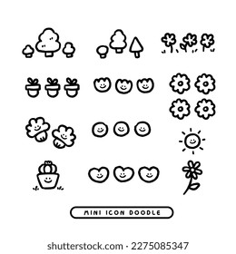 Mini tree and flower icons with cute doodle style illustration