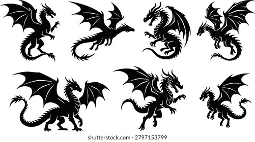 Mini tribal dragon tattoos set featuring aggressive stylized beast silhouettes vector illustration