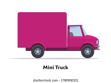 Mini Truck side view. Vector stock flat illustration. Raspberry cartoon, toy car. Simplified style for design and animation.