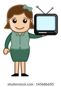 Mini TV in a Girl Hand - Vector Illustration