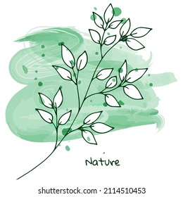 Mini twig  of cute herbal leaf in doodle style. Watercolor vector green splashes. Health. Organic.  Nature. Postcard, decor, invitation.Manual drawing. Isolated object in white background. 