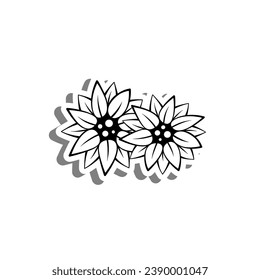 Mini Two Sunflowers on white silhouette and gray shadow. Digital or printable sticker. Vector illustration for decorate logo, tattoo, card or any design.