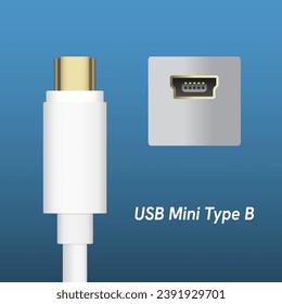 Mini USB type B super speed Cable Plugs and socket Isolated on Blue Background. Eps10 vector.