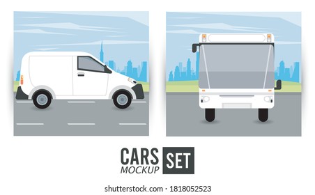 mini van and bus mockup cars vehicles icons vector illustration design