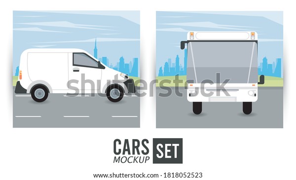 mini van and bus mockup cars vehicles icons vector
illustration design