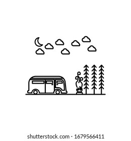 mini van and campfire line illustration