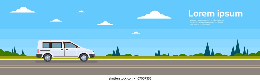 Mini Van Car On Road Banner Flat Vector Illustration