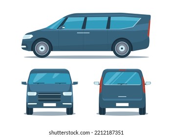 Mini van car set. Side, front and back view. Vector illustration.