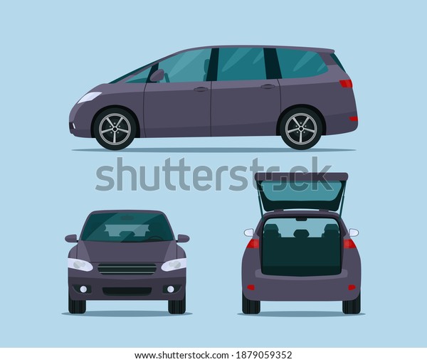 Mini van car set. Side, front and back\
view. Vector flat style\
illustration.