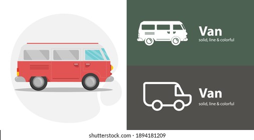 mini van isolated tool flat icon with van solid, line icons