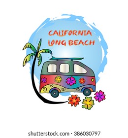 Mini van with palm tree and lettering.