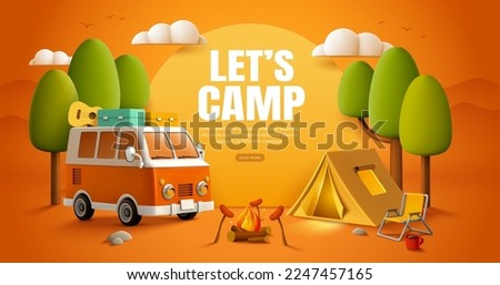 Mini van parking in a forest with bonfire and tent, concept of camping, landing page template in cute 3d cartoon illustration