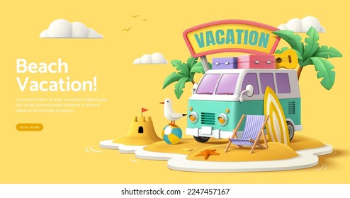 Mini van parking on a beach island, concept of beach vacation, landing page template in cute 3d cartoon illustration - Shutterstock ID 2247457167