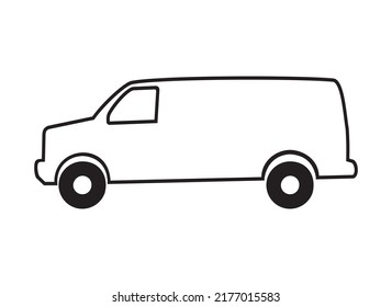 Mini Van Side Outline Logo Drawing. Stealth Camping Vehicle Silhouette Illustration. Delivery Car Simple Icon. Fast Way For Shipping Through City. Van Automobile Vector Drawing Symbol.