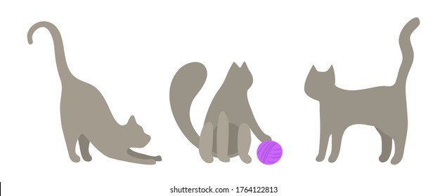 Mini vector set of gray cats in flat style. A cute cat stretches, plays with a ball of purple thread, the cat stands and looks. Three cute kittens are played. Vector clip art.