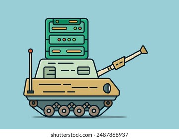 Mini war tank car carrying a secure data server on the top, minimalist flat cartoon illustration