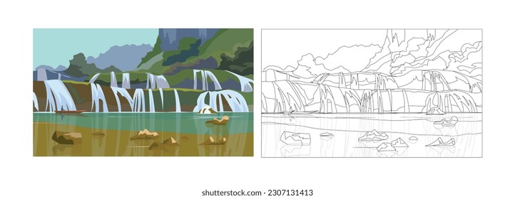 Mini waterfalls theme for design element and coloring pages. Vector illustration
