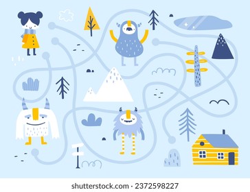 Mini winter labyrinth game with cute baby searching for home and yeti. Nordic doodle vector maze for kids.