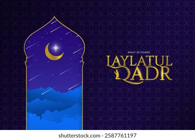 Miniamlist Laylatul Qadr Night of Power Greeting Banner Artwork. Golden calligraphic font with man in prayer symbol. Mosque window, view of the cloudy night sky with bright glowing star and gold moon.