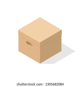 A miniature 3D box with a closed lid and a cutout at hand. Object on a white background with flat shadow for icons, ads, banners, filling sites. Isometric style.