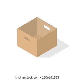 A miniature 3D empty box with an open lid and a cutout under the arm. Object on a white background with a flat shadow for icons, ads, banners, filling sites. Isometric style.