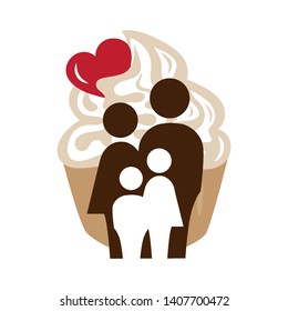 miniature abstract family and huge cupcake in behind, vector logo icon