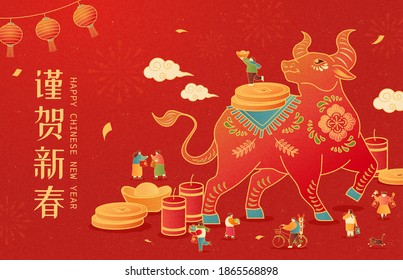 Miniature Asian people walking around a bull with floral patterns, concept of Chinese zodiac sign ox, Translation: Happy Chinese new year