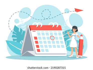 Miniature beautiful girl hold pen marks the date, holiday, priority, important, event, reminder day on calendar concept. Vector illustration flat design for banner and poster.