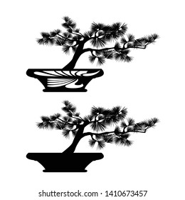 miniature bonsai pine tree in traditional pot - black and white vector silhouette design of asian style garden plant