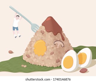 Miniature boy hanging on fork which is insert into delicious zongzi