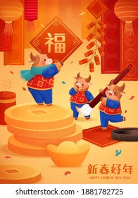 Miniature bulls playing under hanging spring couplets. Concept of Chinese zodiac sign ox. Translation: Fortune, Happy Chinese new year