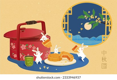 Miniature bunnies around traditional snack box sharing giant mooncake beside window with full moon night sky view. Text: Mid Autumn. August 15th.