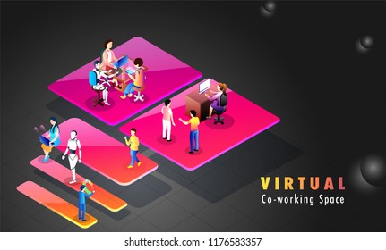Miniature business people performing same task at different workplace on abstract background, isometric design for Virtual Co-Working Space concept.