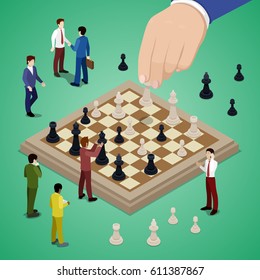 Miniature Business People Playing Chess. Vector flat 3d isometric illustration