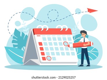 Miniature businessman hold pen marks the date, holiday, priority, important, reminder day on calendar concept. Vector illustration flat design for banner and poster.