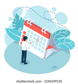 Miniature businessman hold pen marks the date, holiday, priority, important, reminder day on calendar concept. Isometric view. Vector illustration flat design for banner and poster.