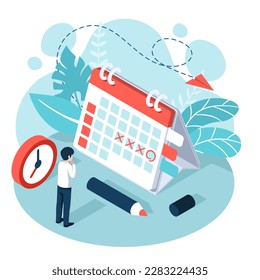 Miniature businessman planning the date, holiday, priority, and important day schedule on calendar concept. Isometric view. Vector illustration flat cartoon design for banner and poster.