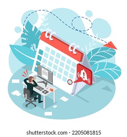 Miniature businessman stressed at work. Busy, confused, tired from work near the deadline. Isometric view. Vector illustration flat design for banner and poster.