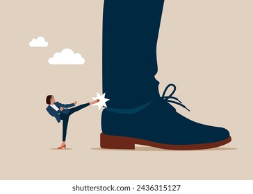 Miniature businesswoman exerts psychological pressure on big male employee. Feminism, inequality. Gender gap.  Flat vector illustration