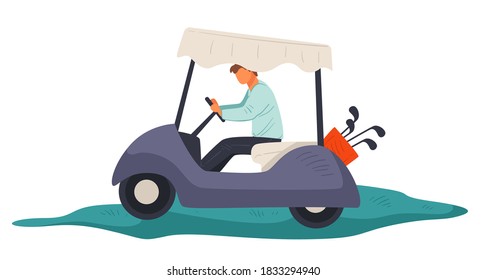 Miniature car with driver and clubs, isolated character in automobile for golf course. Summer activity and sports, entertainment of rich people. Competition or exercising, vector in flat style
