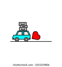 Miniature Car in Simple Doodle Line Drawing, Driving with Smoke in Red Heart Shape. Using for Valentine Concept.