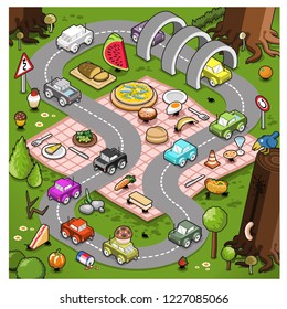 Miniature cars racing on a circuit set on a picnic blanket with food and ants in a forest (isometric cartoon)