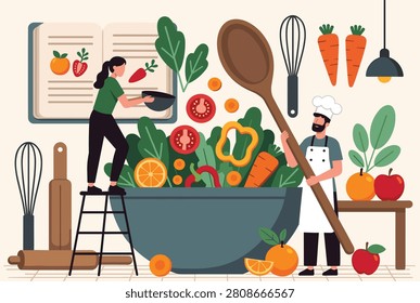 Miniature chefs prepare a giant healthy salad bowl using fresh organic vegetables and culinary kitchen utensils.