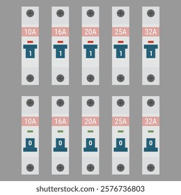 Miniature circuit breaker set rated 10 to 32 Amperes. Flat style vector illustration. EPS10