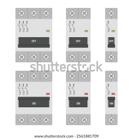 Miniature circuit breakers. Set of single, double and three pole MCB devices. Flat style vector illustration isolated on white