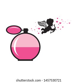 miniature cupid, pink hearts and perfume bottle, vector