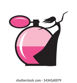 miniature dancing lady and old fashion perfume bottle, vector logo icon